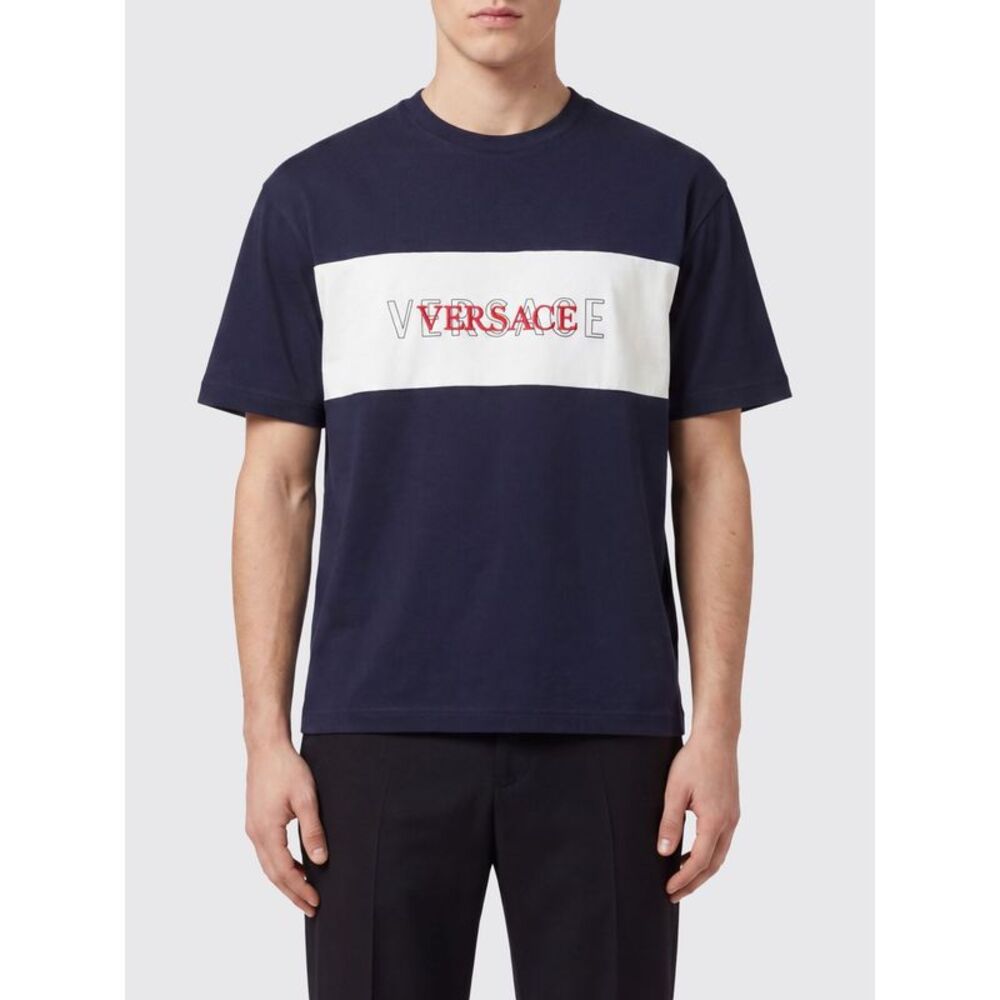 Versace Men Versace Crewneck Cotton T-Shirt With Contrasting Logo